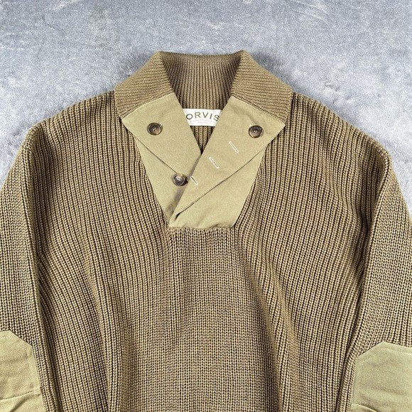 Orvis Sweater Mens Size L Tan Military Commando Shawl Collar Button Elbow Patch - Picture 5 of 13